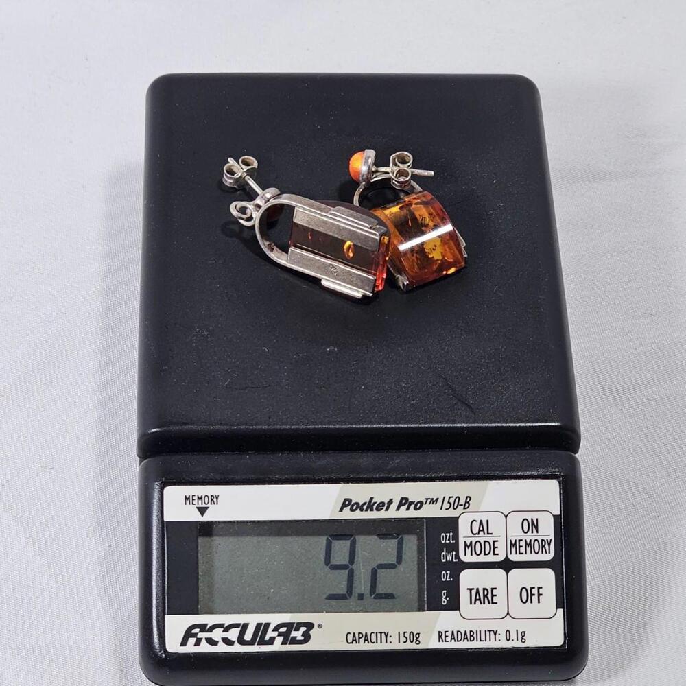 Vintage Sterling Silver Genuine Amber Stone Tube Bar Jar Dangling Stud Earrings - Picture 10 of 10